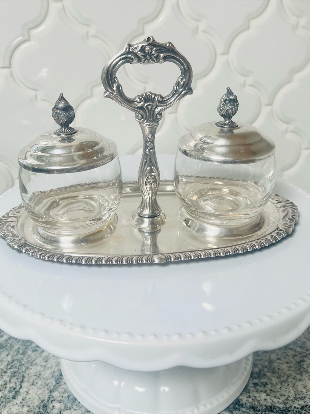 Vintage Silverplate Double Condiment Server with Glass Jars